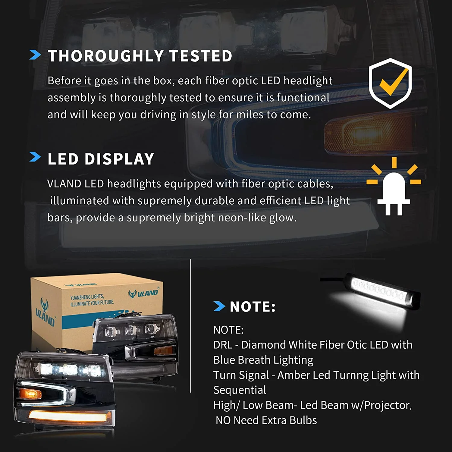 VLAND Projector LED Headlights For 2007-2013 Chevrolet Chevy Silverado 1500 / 2500HD /3500HD ( No fit 2007 Silverado Classic) With Blue Breathing Lighting - Image 9
