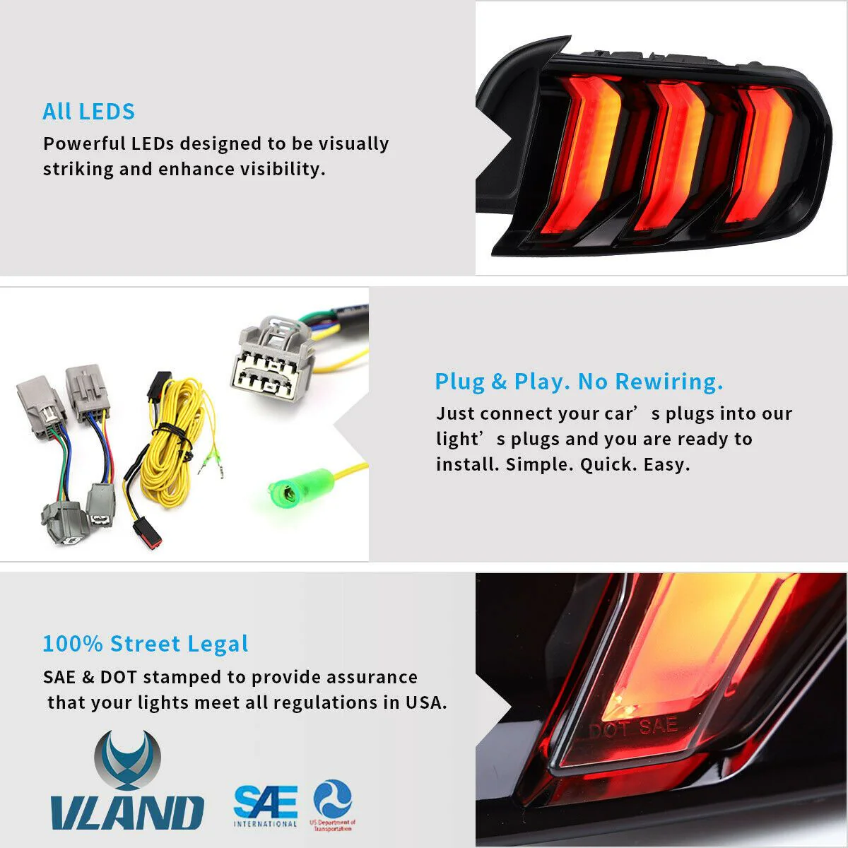 VLAND Full LED Taillights For Ford Mustang 2015-2023 With Red Turn Signals(Fit For US Models) - Image 11
