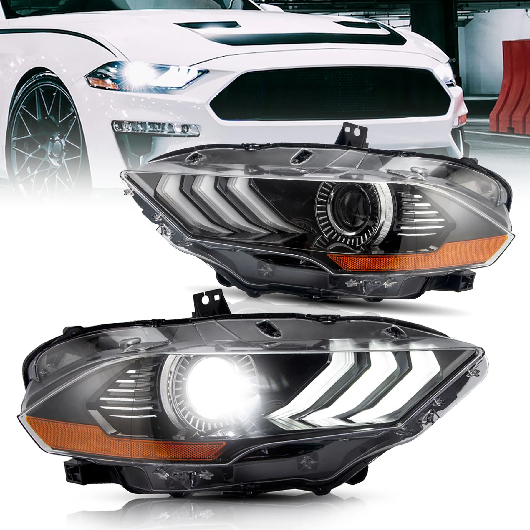 VLAND Full LED Headlights Assembly for Ford Mustang 2018-2023 with Sequential and Dynamic Animation Headlamps