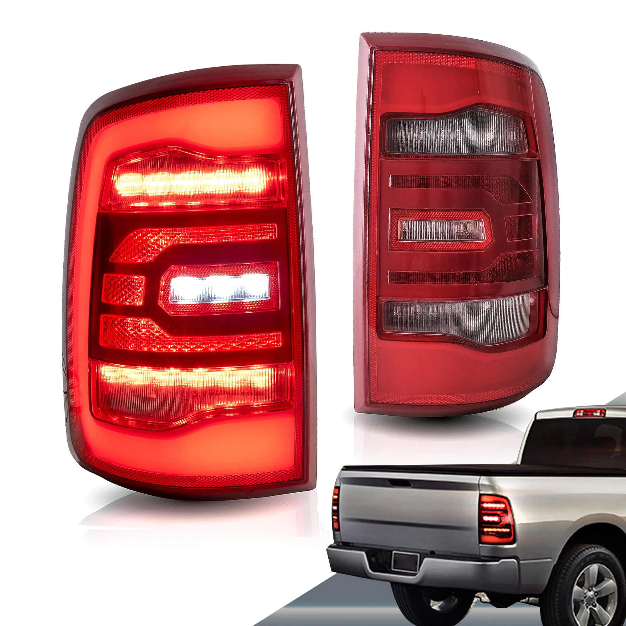 VLAND Full LED Tail Lights for Dodge Ram 1500 2009-2018 (Red Sequential Turn Signals) YAB-RM-0338-H
